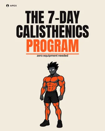 An illustrated slide: a cel-shaded figure over “The 7-day calisthenics programme”